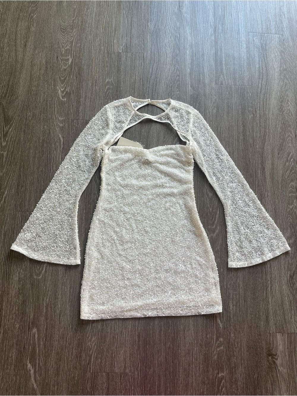 White Sequin Long-Sleeve Mini Dress with Cutout Neckline